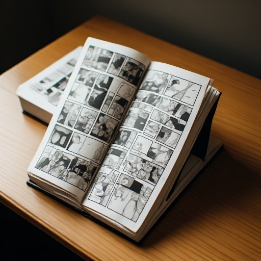 Buku komik tebal terbuka pada penyangga di meja dengan sebuah paperback ringkas di sampingnya