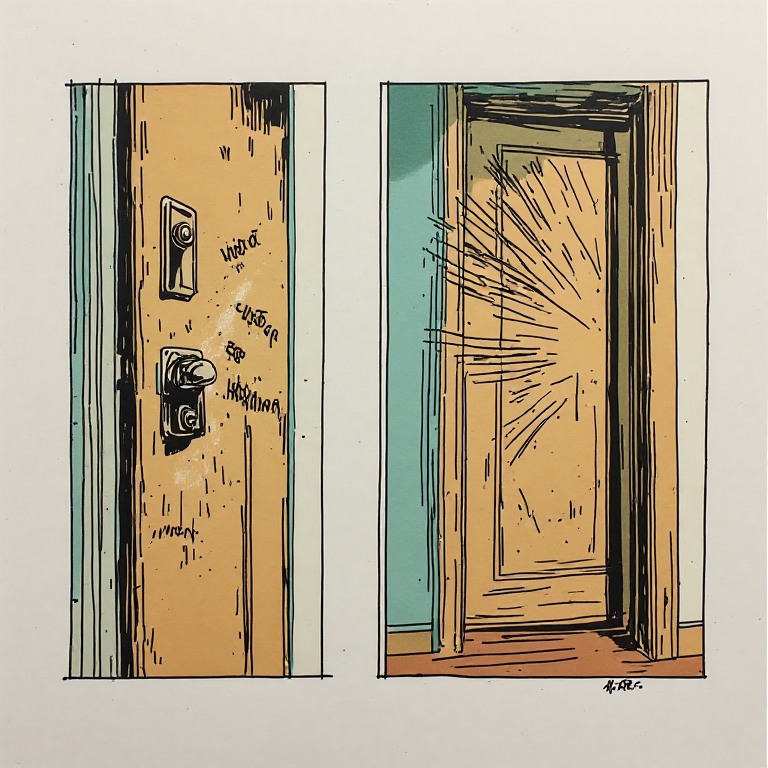 Dua panel pintu membandingkan tanda bunyi kecil di dekat kunci dengan garis benturan besar di sekitar bingkai.