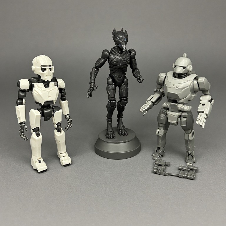 Figure bersendi, patung berpose tetap, dan komponen model kit disusun berdampingan.