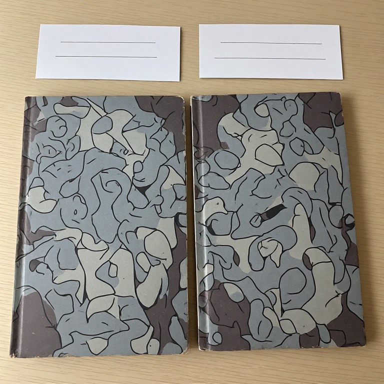 dua eksemplar komik bersampul sama dengan kartu catatan terpisah