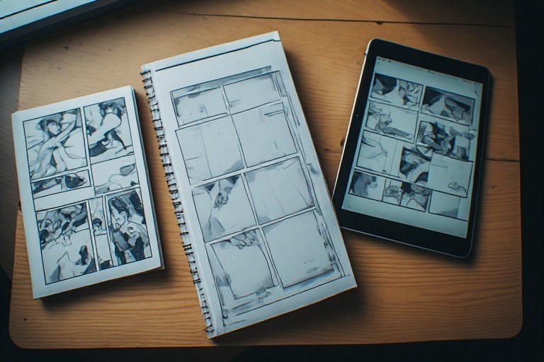 Konsep ilustrasi: komik satuan, buku kumpulan, dan tablet berdampingan di meja baca.